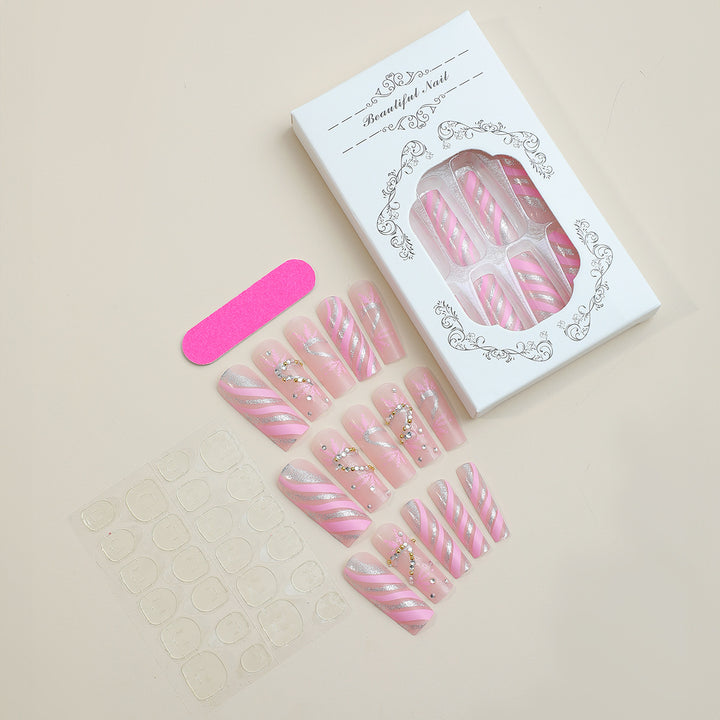 Dekorativer Press-On-Nagelsatz mit exquisite Glitterband-Design Karnz