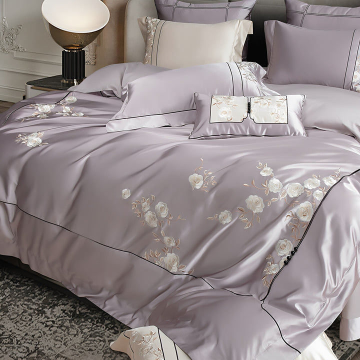 Luxus Satin-Look Floral Bestickte Bettbezug-Set mit verstecktem Reißverschluss & Oxford Kissenbezügen