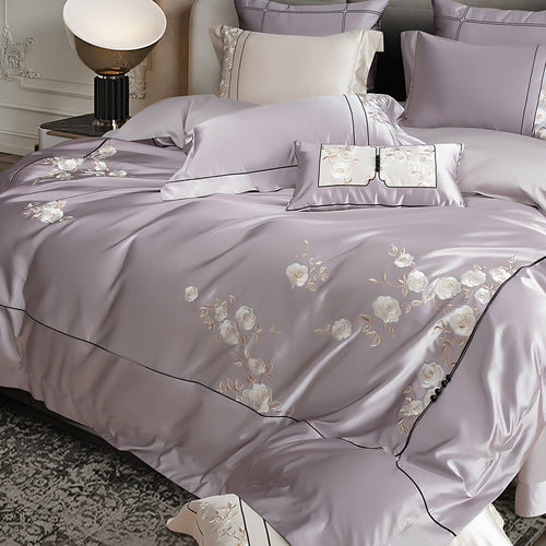 Luxus Satin-Look Floral Bestickte Bettbezug-Set mit verstecktem Reißverschluss & Oxford Kissenbezügen