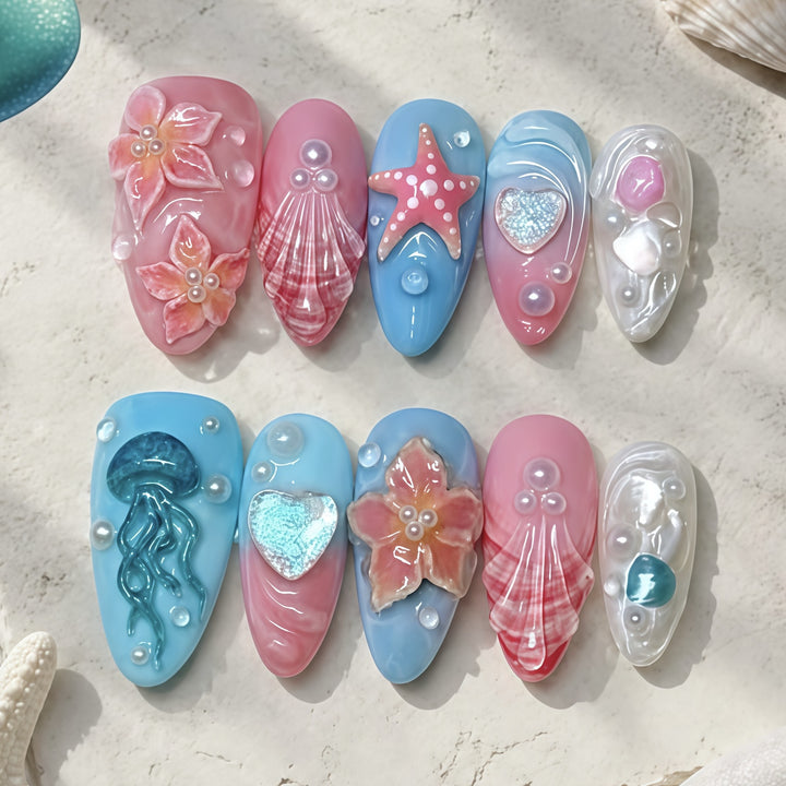 Künstlerisch vom Ozean inspiriertes Press-On-Nagelset