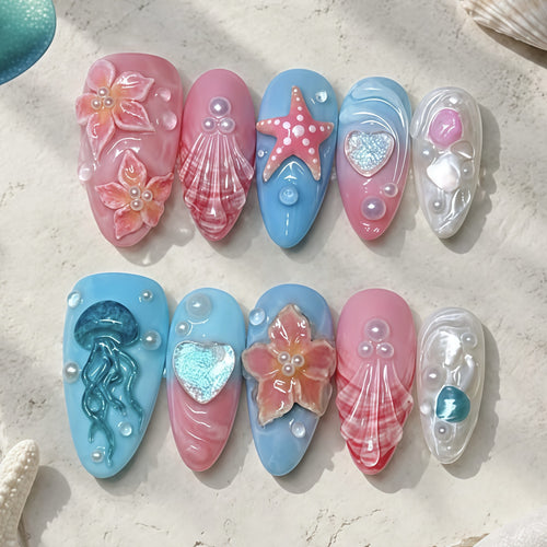 Künstlerisch vom Ozean inspiriertes Press-On-Nagelset