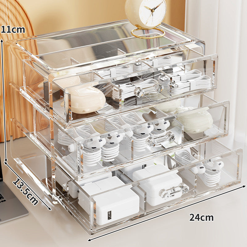 Drei-Schubladen Clear Acryl Desktop Kabel Ladegerät und Ohrhörer Organizer mit Trennwänden