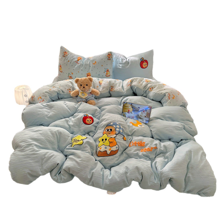 Bestickte Cartoon-Applikation Baumwoll Bettdeckenbezug Set mit weichem Percale und Kissenbezügen