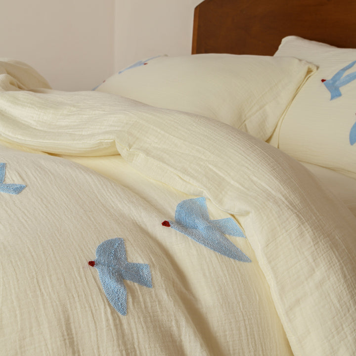 Gewaschenes Baumwoll-Musselin besticktes Vogel Bettbezug-Set