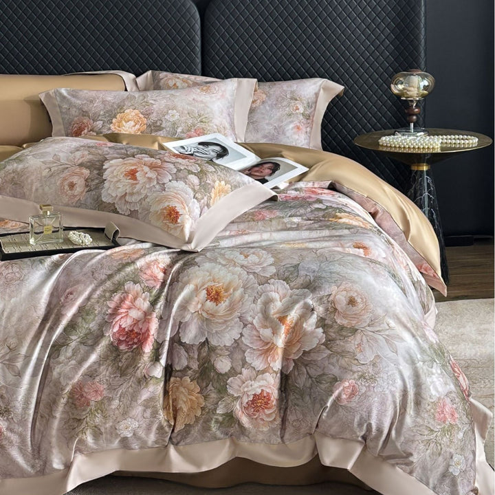 Seidene Blumen-Satin Bettbezug Set mit Satin Saum und Umschlagkissenbezügen