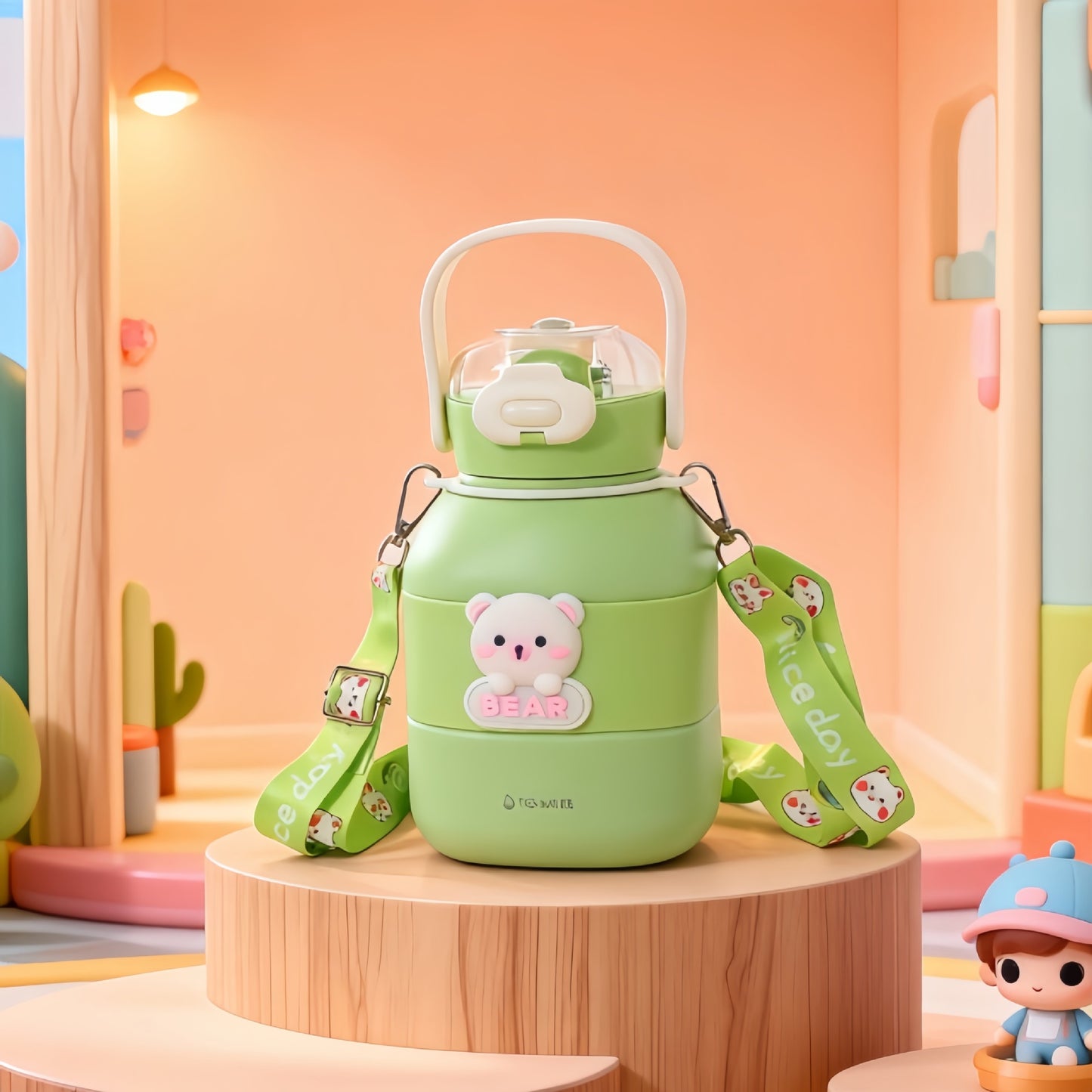 Damen Isolierte Trinkflasche mit integriertem Tragegurt und Tiermotiv Karnz