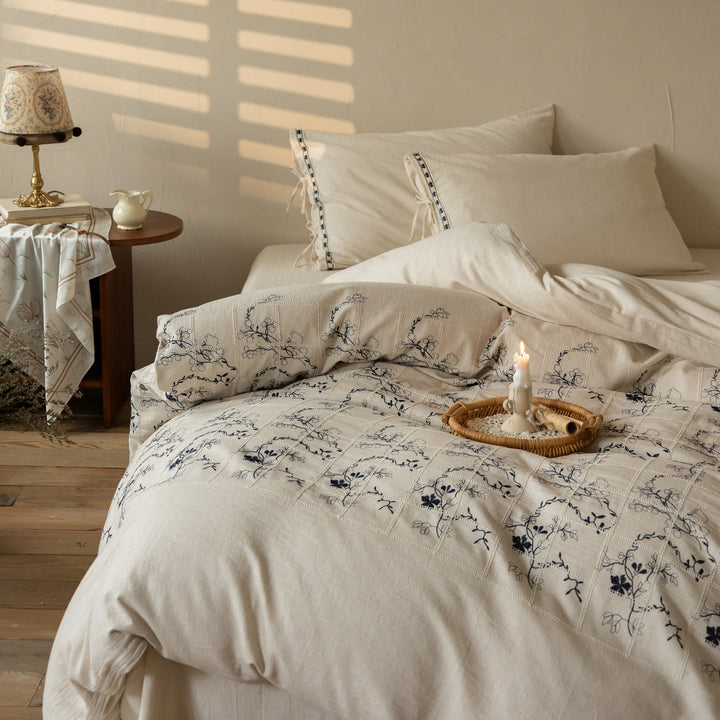 Bestickte Leinen-Bettbezugset mit Vintage-Patchwork-Blumenmuster