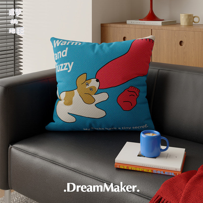 Plush Decorative Square Throw Pillow Cover with Cartoon Cat and Cozy Sock Illustration