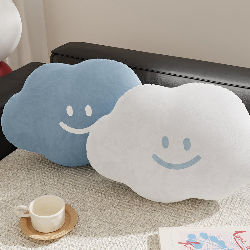 Cloud-Shaped Plush Decorative Throw Pillow with Smiley Face Velvet Cover