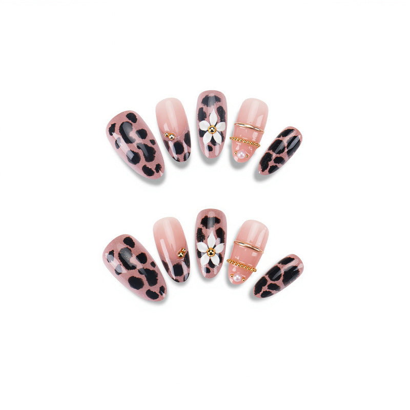 Künstlerisches Press-On-Nagelset mit elegantem Leoparden- und Blumendesign Karnz