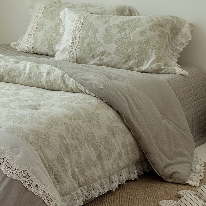 Vintage-Baumwoll-Bettwäsche-Set mit Lochspitze und handgezeichnetem Blumenmuster