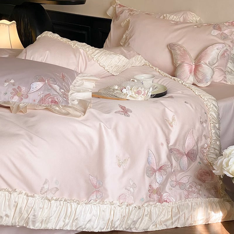 Luxus Rüschene Baumwoll-Satin Bettbezug Set mit bestickten Schmetterlings-Kissenbezügen