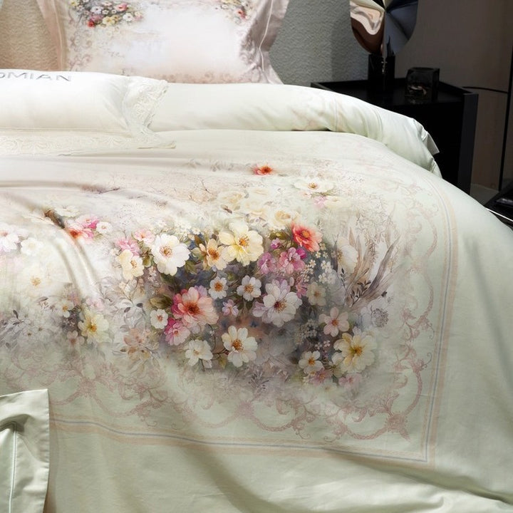 Luxuriöses Floral-Mikrofaser-Satin-Bettbezug-Set mit wendbaren dekorativen Kissenbezügen