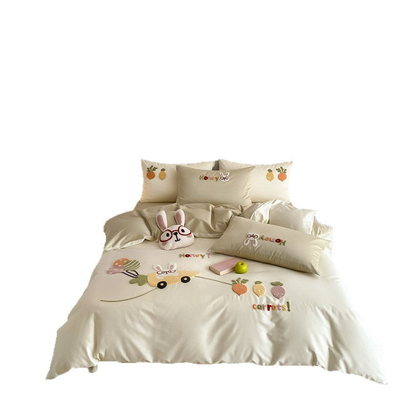 Plüsch Bestickte Baumwollsatin Bettbezug Set mit Hase & Karotten Applikationen