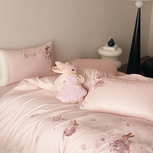 Besticktes Bunny Baumwollsatin Bettbezug Set mit Spitzenverzierung Kissenbezügen