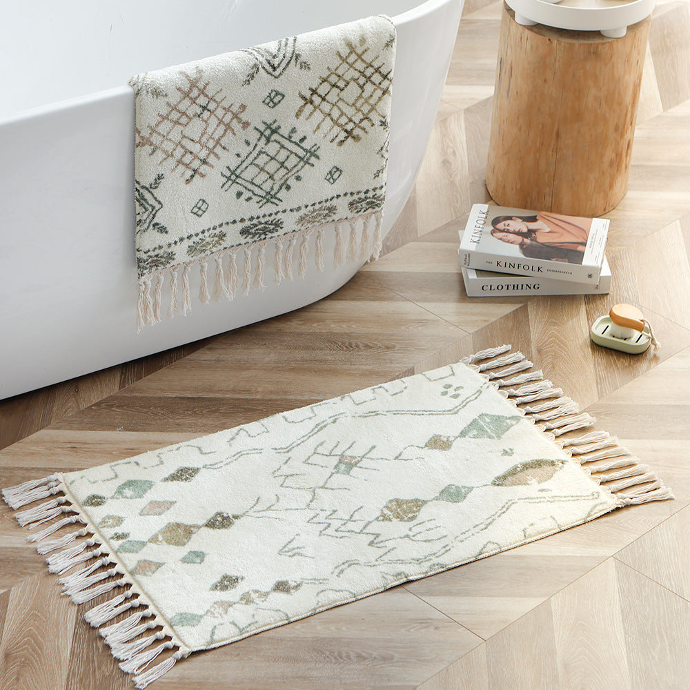 Boho-Baumwoll-Badvorleger mit Fransen und geometrischem Diamantmuster Karnz