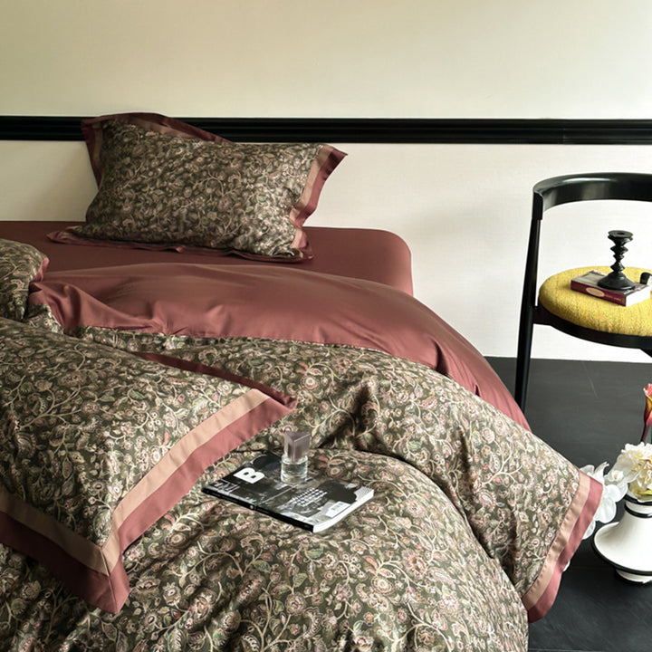 Premium Satin-Feel Rosenmuster Bettbezug und Kissenbezug Set