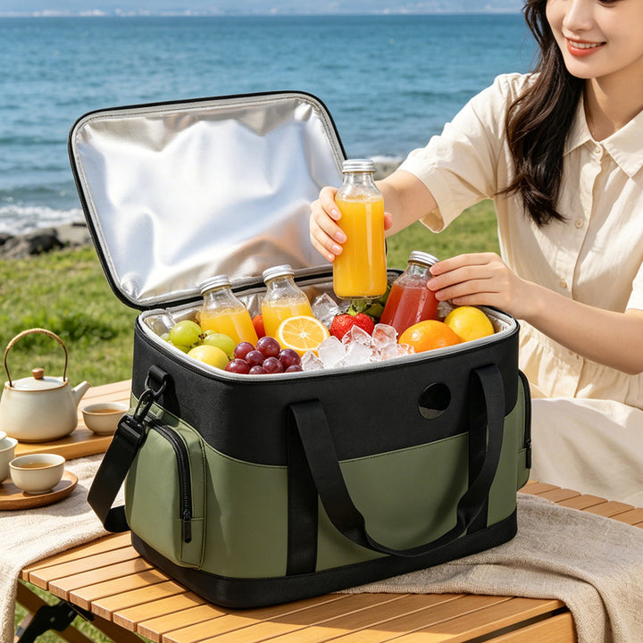 Isolierte Lunch-Kühltasche mit Seitentaschen und verstellbarem Schulterriemen Karnz