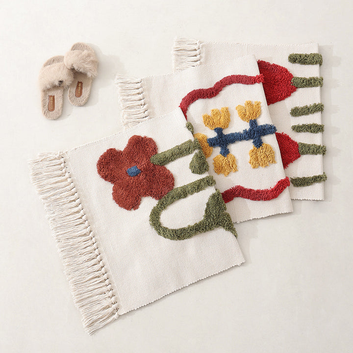 Handgewebter Baumwoll-Badmattenteppich mit Tufting-Blumenapplikation und Quasten Karnz