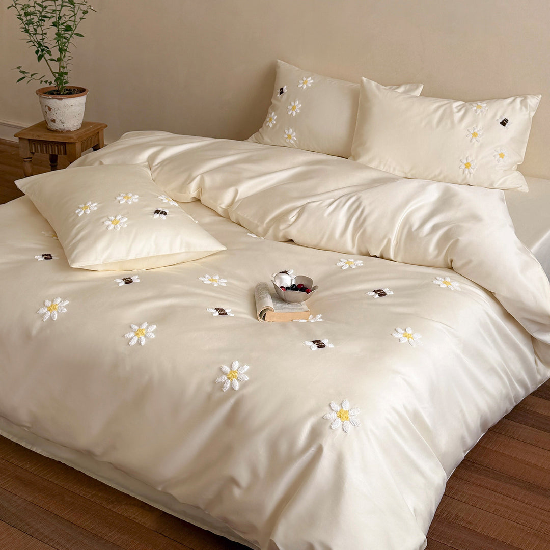 Hand-gesticktes Daisy und Bee Satin-Sateen Bettbezug Set