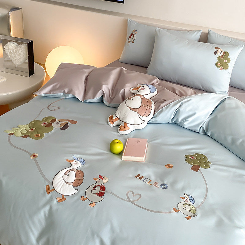 Kinder Cartoon Gans Bestickte Baumwollsataen Bettbezug Set