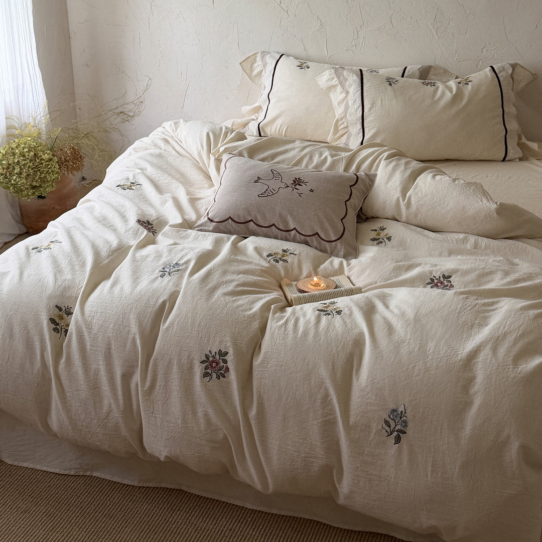 Botanisch Besticktes Leichtes Stonewashed Baumwoll-Leinen Bettbezugset