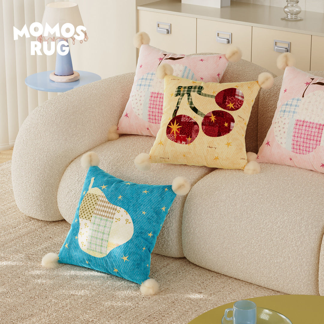 Patchwork Pear Appliqué Decorative Throw Pillow with Pom-Pom Corners