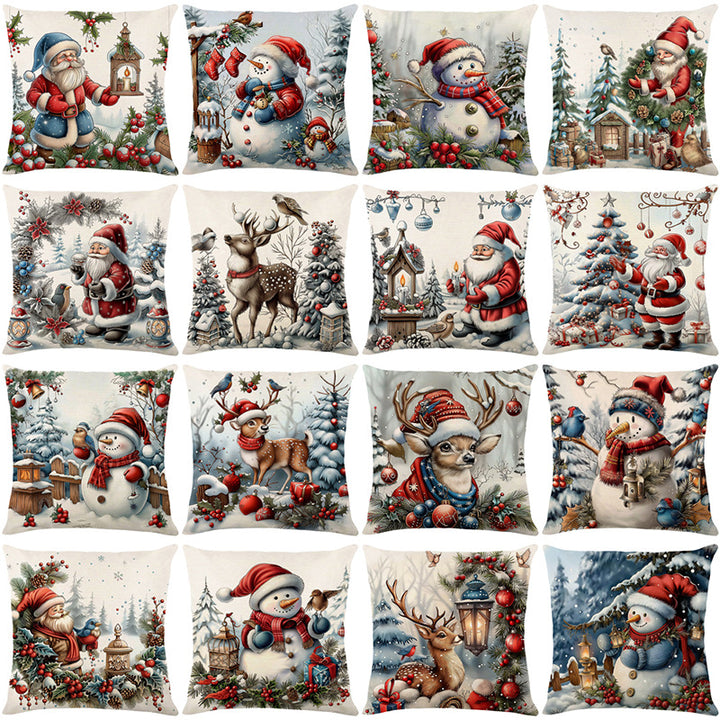 Urlaubsfestliche Leinenmischung Quadratische Kissenbezug mit Schneemann und Winterlandschaft Druck