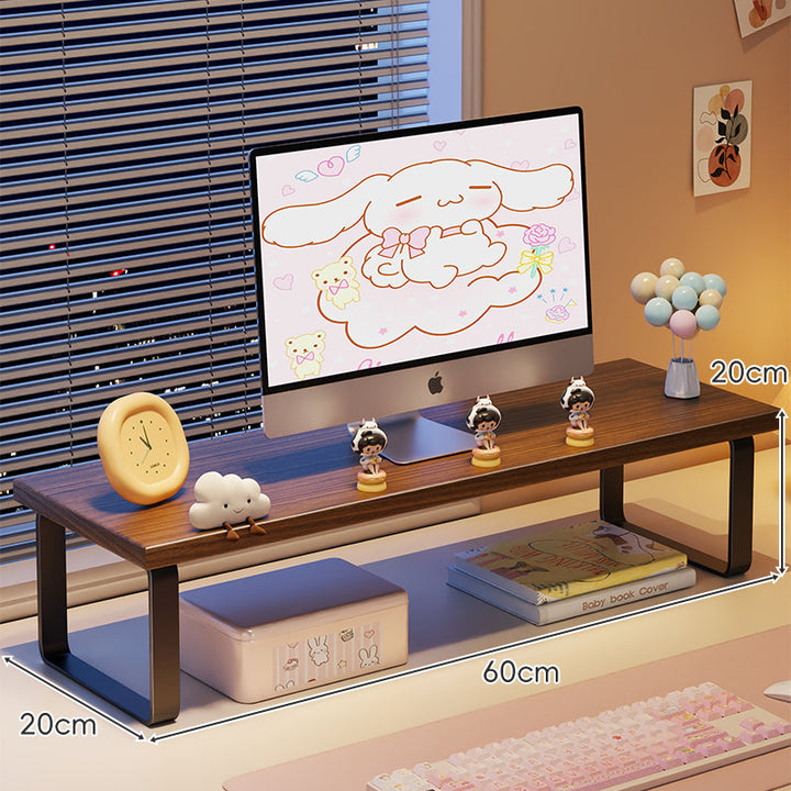 Kompakte Holz-Desktop-Monitorerhöhung mit Metallbeinen und unterer Ablagefläche