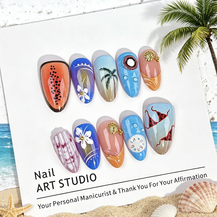 Künstlerisch vom Ozean inspiriertes Press-On-Nagelset