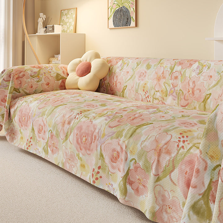 Stretch Jacquard Sofa Slipcover with Watercolor Tulip Print