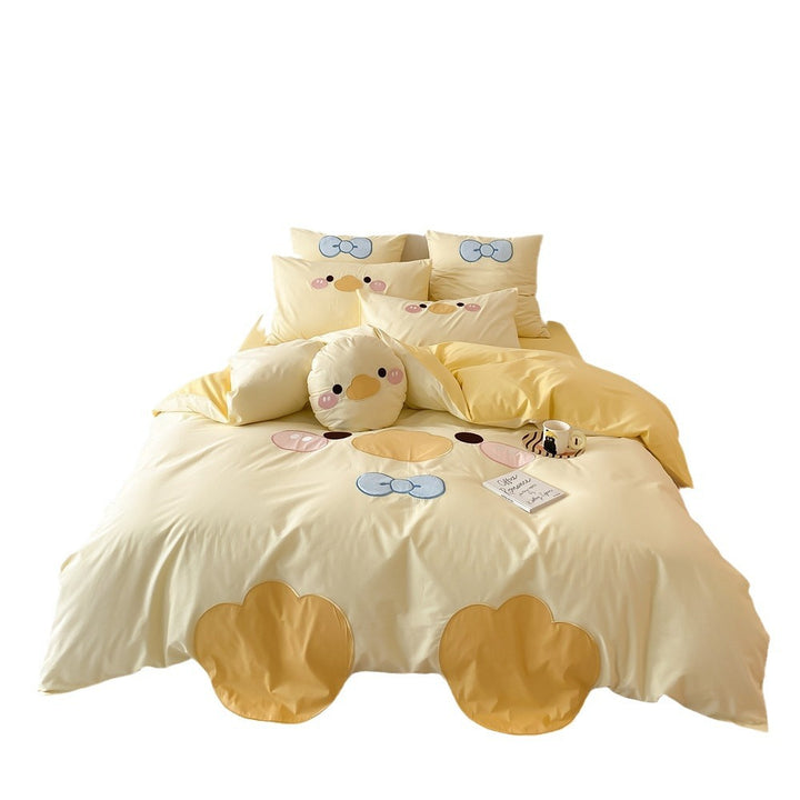 Kinder-Bettwäsche-Set mit gesticktem Entenmotiv, Wendebezug und Kuschelkissen