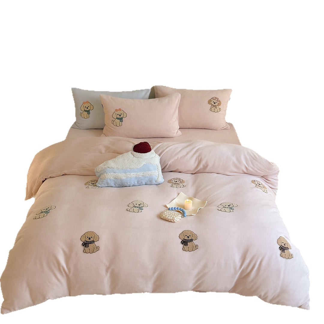 Bestickte Welpen-Motiv Baumwollsatin Bettwäsche Set