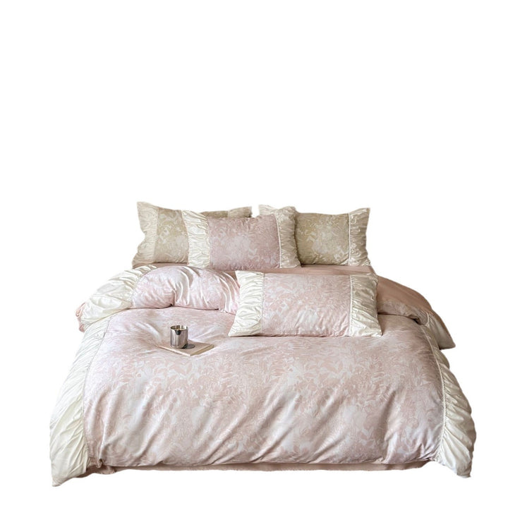 Luxuriöses Satin-Bettwäsche-Set mit Rüschen und Blumen-Jacquard Karnz