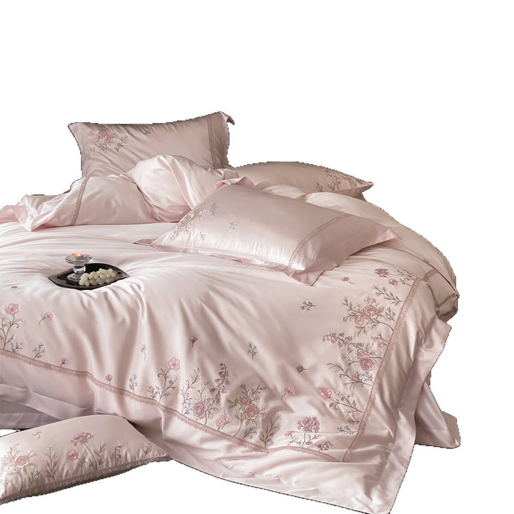 Charmeuse Satin Blumenstickerei Bettbezug Set mit gewelltem Spitzenrand