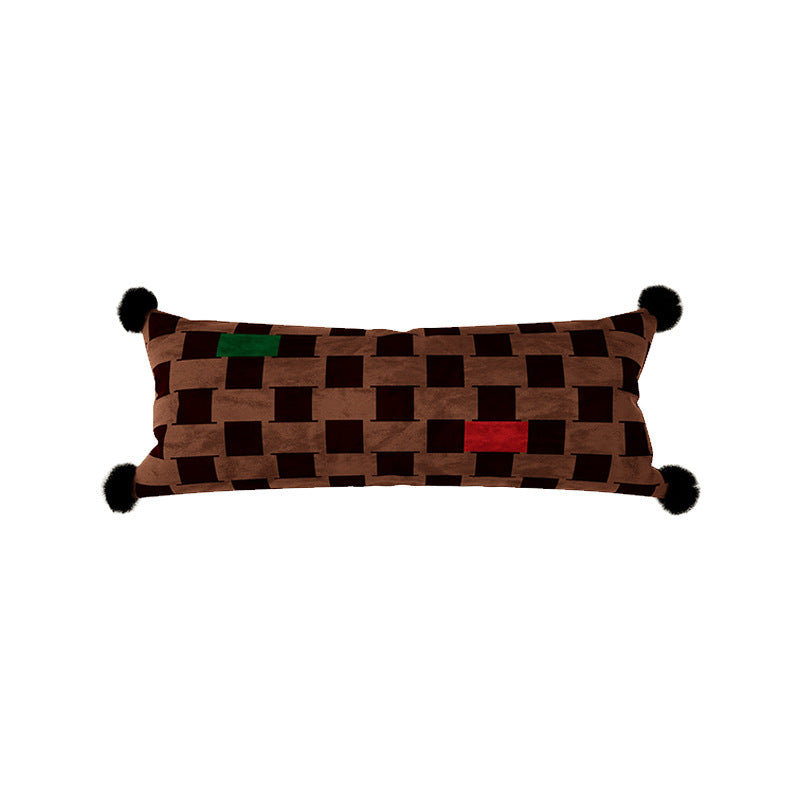 Decorative Long Lumbar Velvet Pillow with Checkerboard Jacquard, Pom-Pom Corners and Patchwork Accents
