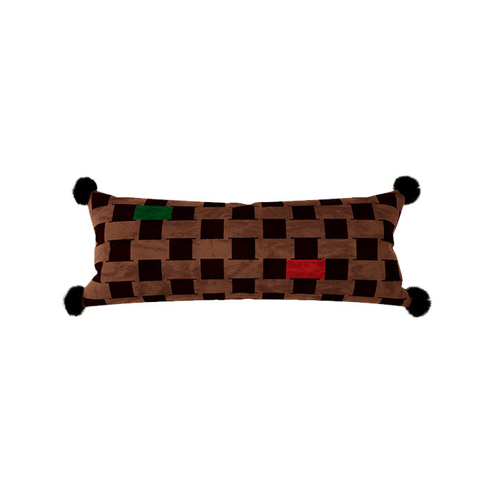 Decorative Long Lumbar Velvet Pillow with Checkerboard Jacquard, Pom-Pom Corners and Patchwork Accents