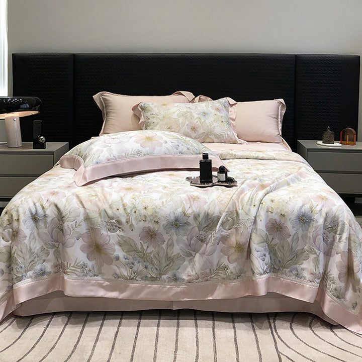 Luxuriöses Baumwollsatin-Bettwäsche-Set mit floralem Aquarellprint und feiner Satinkante