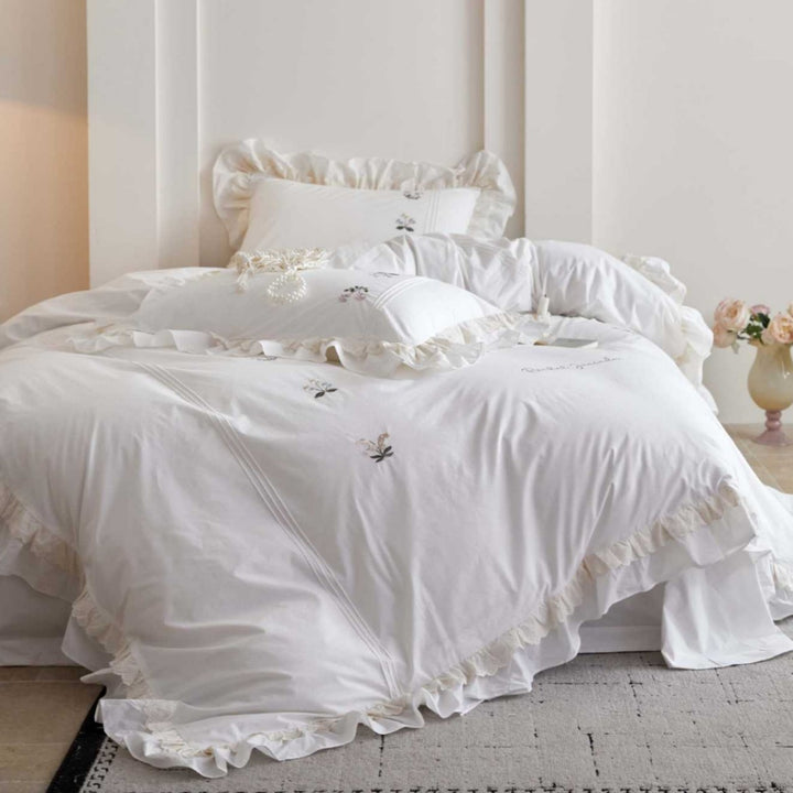 Ruffled Embroidered Cotton Duvet Cover Set with Lace Trim