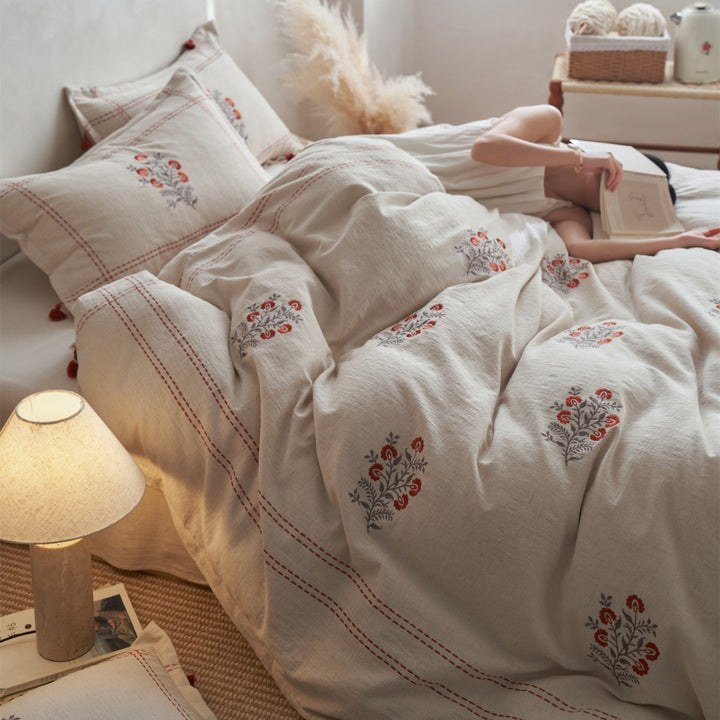 Handgenähte florale gestickte Leinen-Misch-Duvet-Bezug-Satz mit Quasten-Kissenbezügen