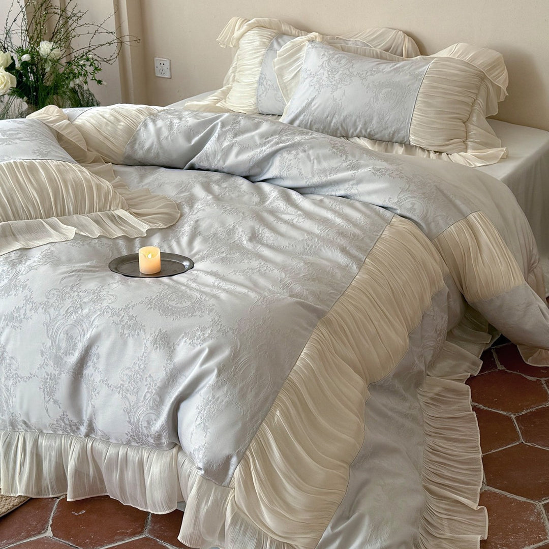Luxuriöses Jacquard-Satin Bettwäsche-Set mit gepolstertem Chiffon-Rüschensaum & Oxford-Kissenbezügen