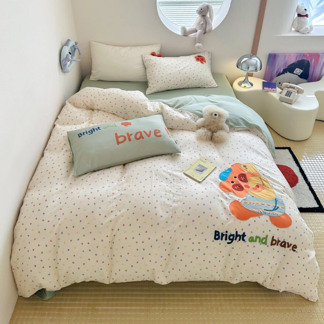 Gep quiltete Cartoon Bunny Appliqué Bettwäsche Set