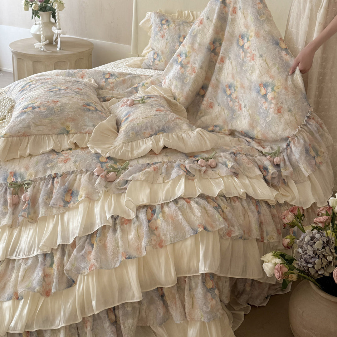 Romantisches Schicht-Rüsche Blüten Bettwäsche Set mit Satin-Trim Kissenbezügen