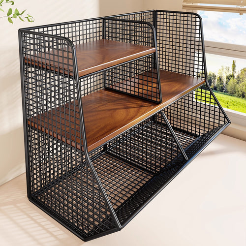 Multi-Ebenen Drahtgitter Arbeitsplatten Vorratsraum Organizer mit Holzregalen und Korb