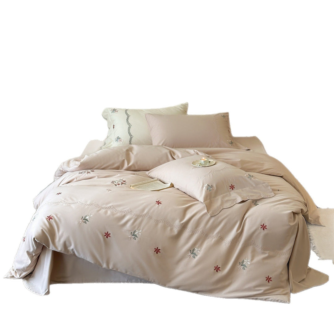 Bestickte Baumwollsatin Blumen Bettwäsche Set