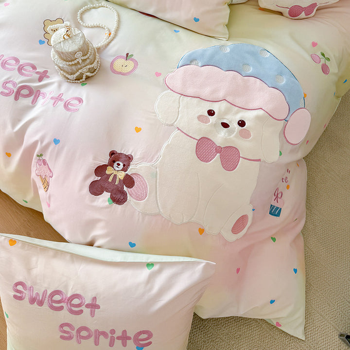 Plüsch Bestickte Baumwollsatin Cartoon Schaf Bettwäsche Set mit Dekokissen und Kissenbezügen