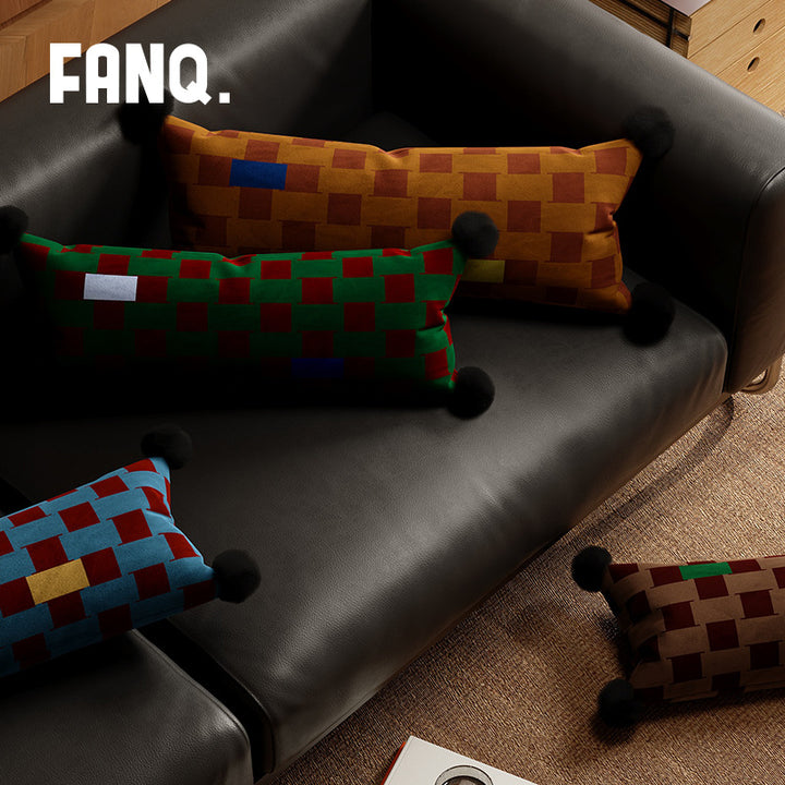 Decorative Long Lumbar Velvet Pillow with Checkerboard Jacquard, Pom-Pom Corners and Patchwork Accents
