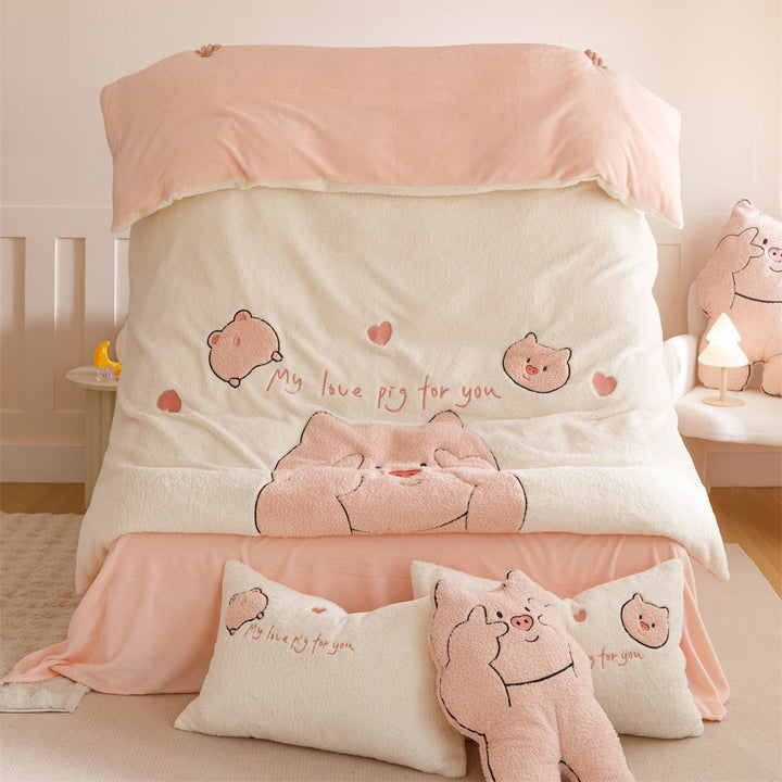 Kuschelige Teddyfleece-Bettwäsche-Garnitur mit Schweine-Applikationen
