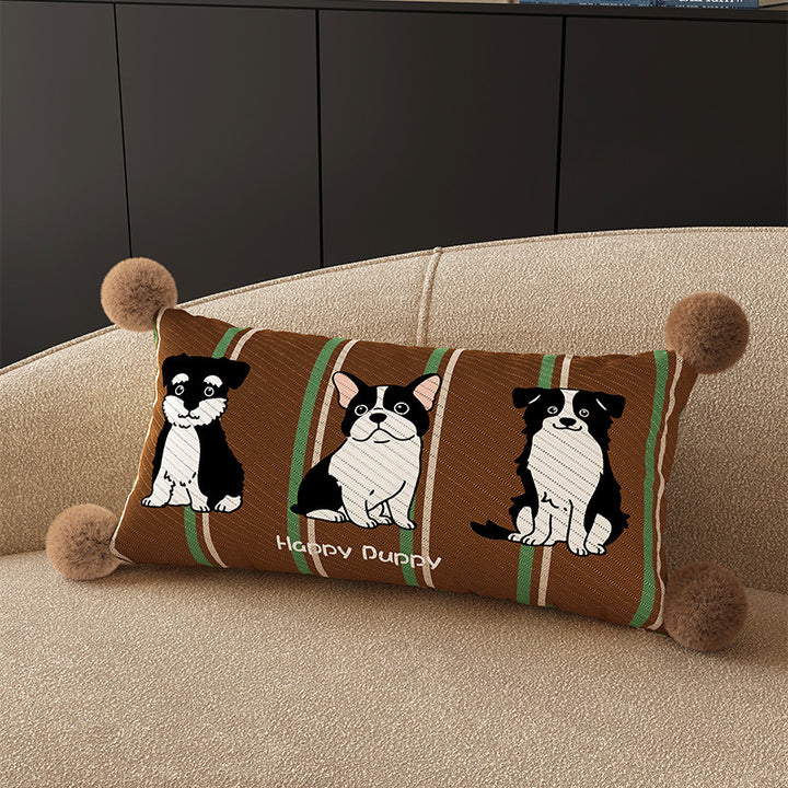 Square Pom-Pom Knit Decorative Throw Pillow Cover with Cartoon Bear Panel and Textured Weave