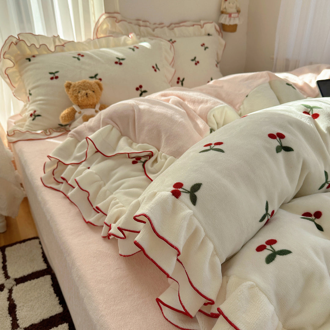 Plush Coral Fleece Heart-Print Oversized Comforter with Ruffle-Edge Pillow Shams